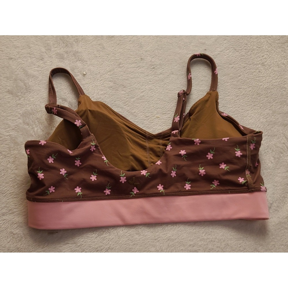 JoyLab Brown Pink Floral V-Neck Sports Bra Crossover Band Adjustable Straps M - Picture 2 of 11